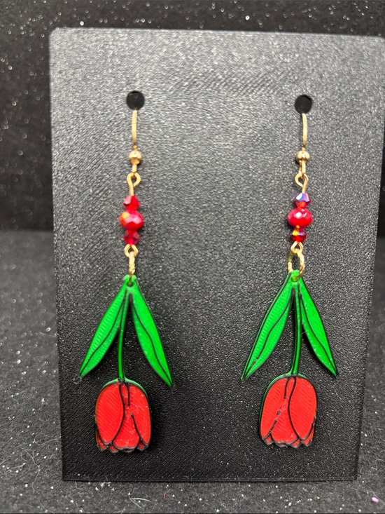 Handmade Jewelry - Ruby Red Tulip Dangle Earrings Printed Floral Earrings | Spring Garden Jewelry